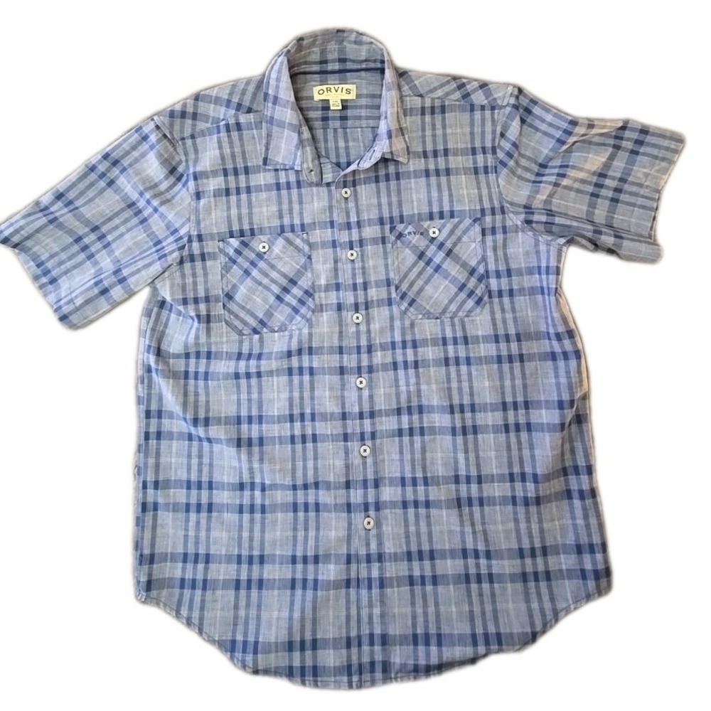 Orvis Shirt Mens Large Blue Plaid Short Sleeve Fishing Tech Casual Hiking Vented